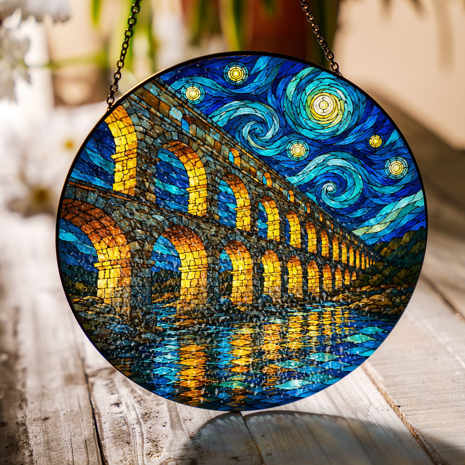 Stone aqueduct suncatcher on a wooden table in sunlight