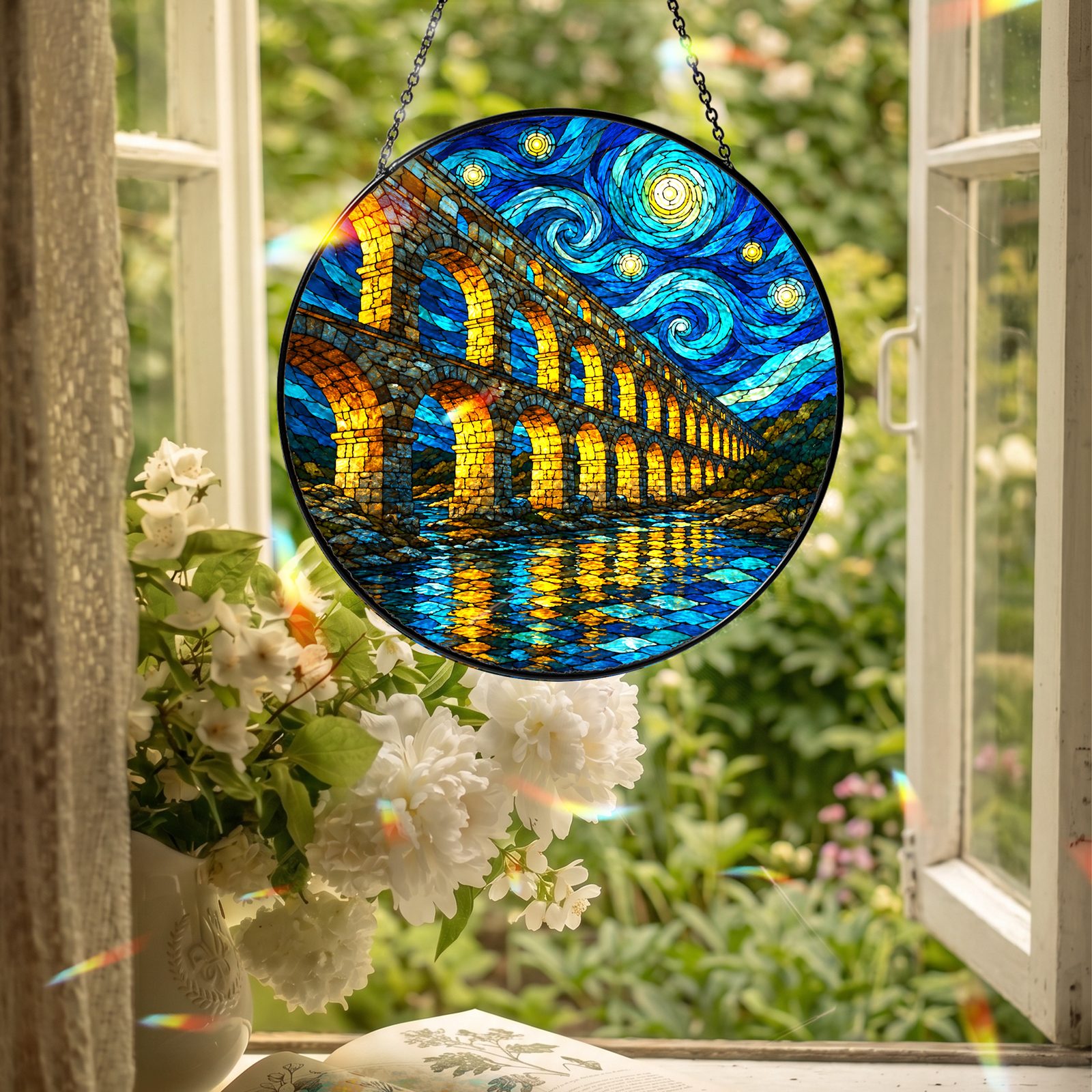 Aqueduct suncatcher hanging in an open window