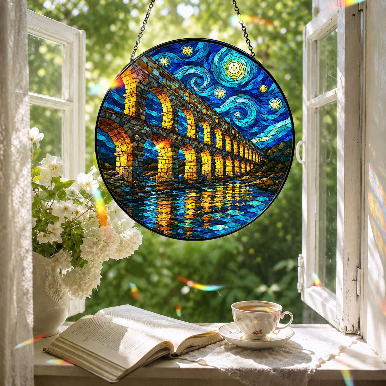 Aqueduct suncatcher in a reading nook window