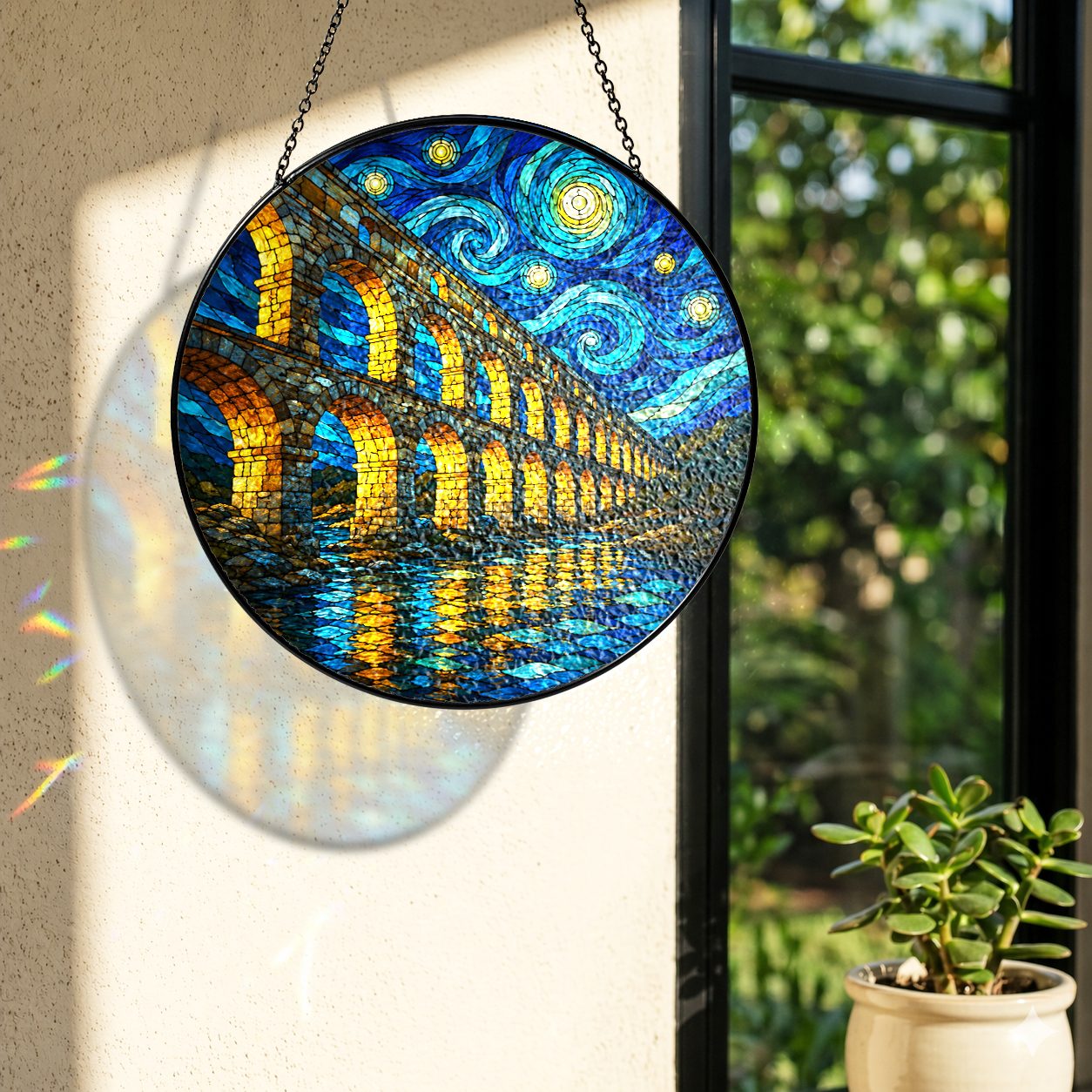 Rainbow light cast by the aqueduct stained glass suncatcher