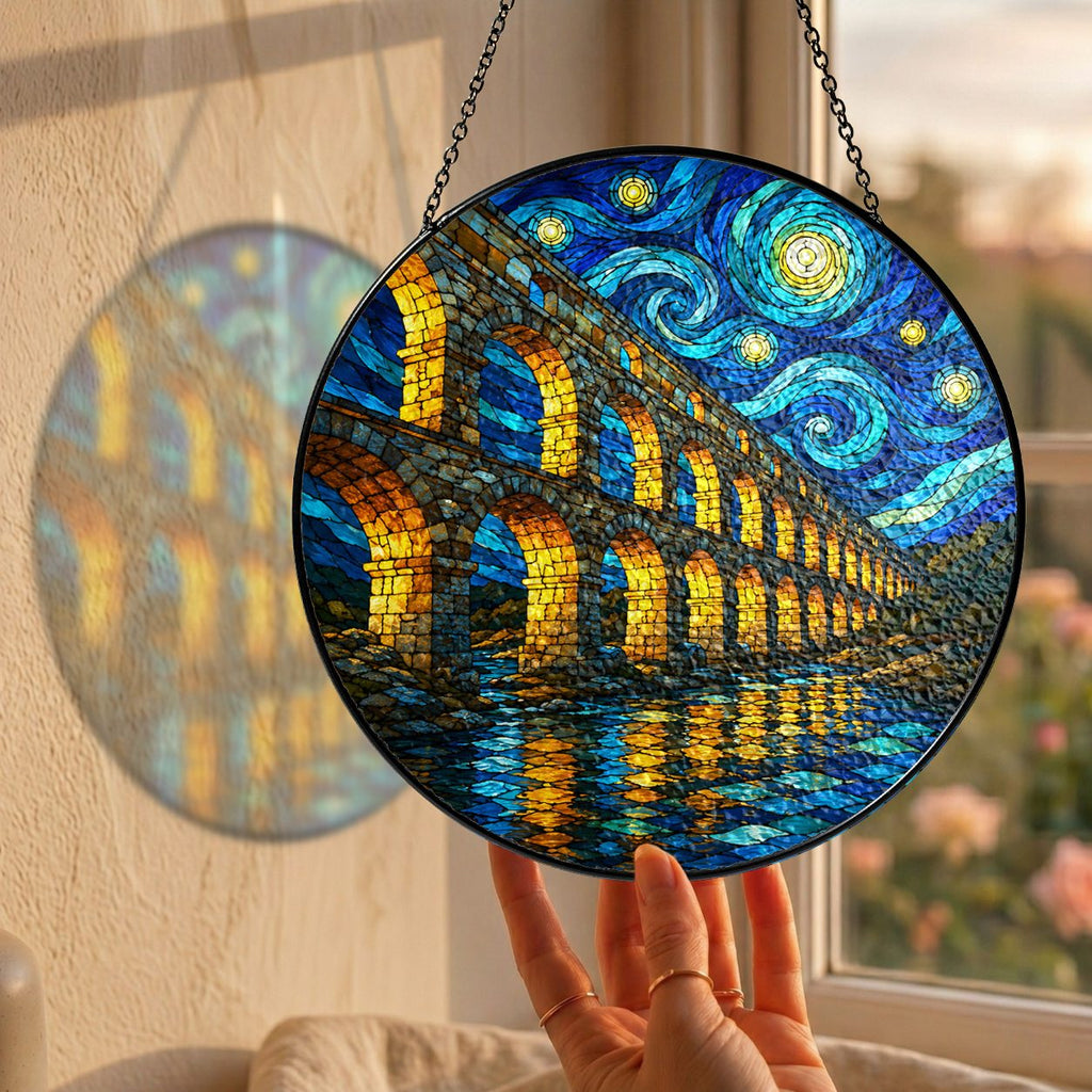 Hand holding the aqueduct suncatcher at a window