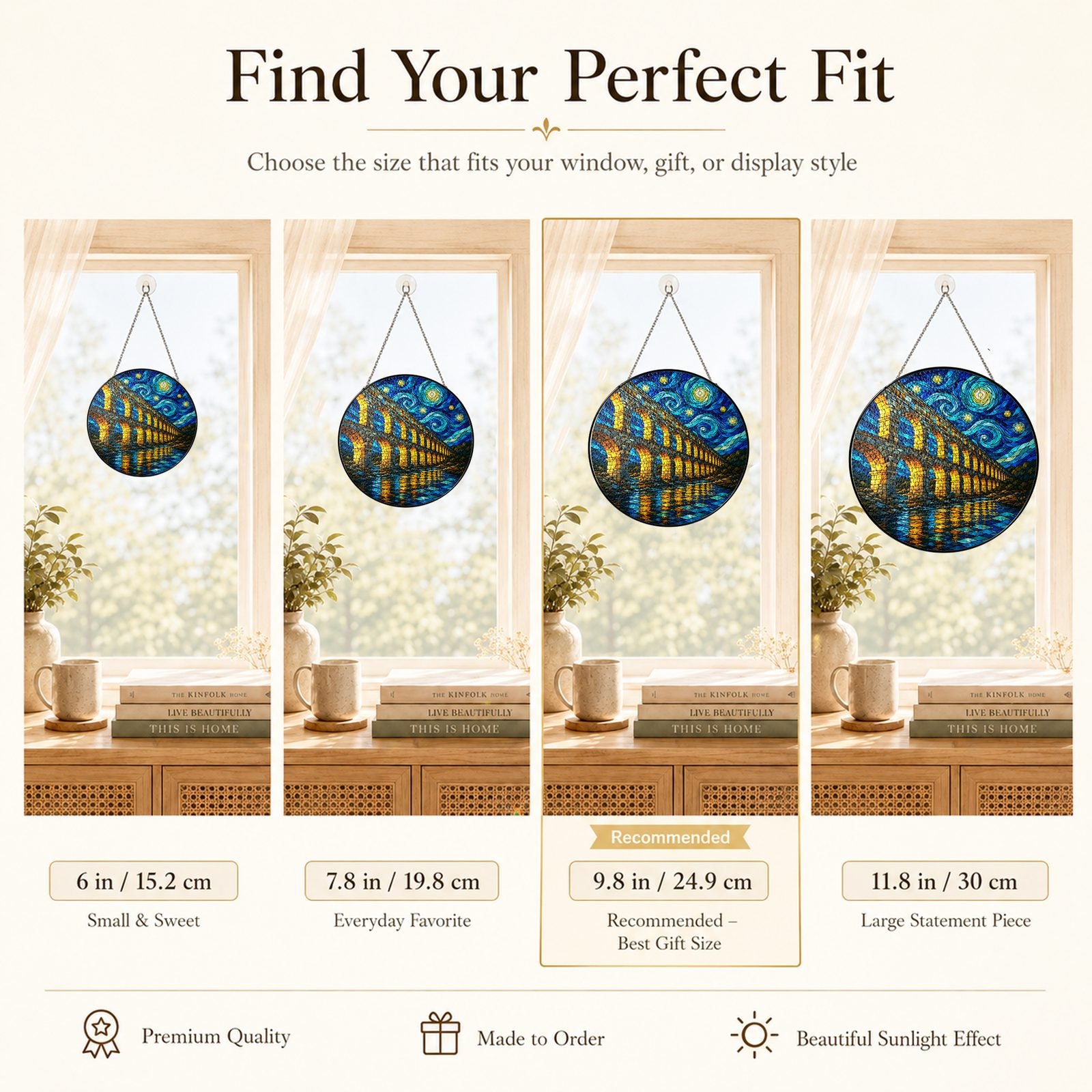 Size guide for the aqueduct stained glass suncatcher