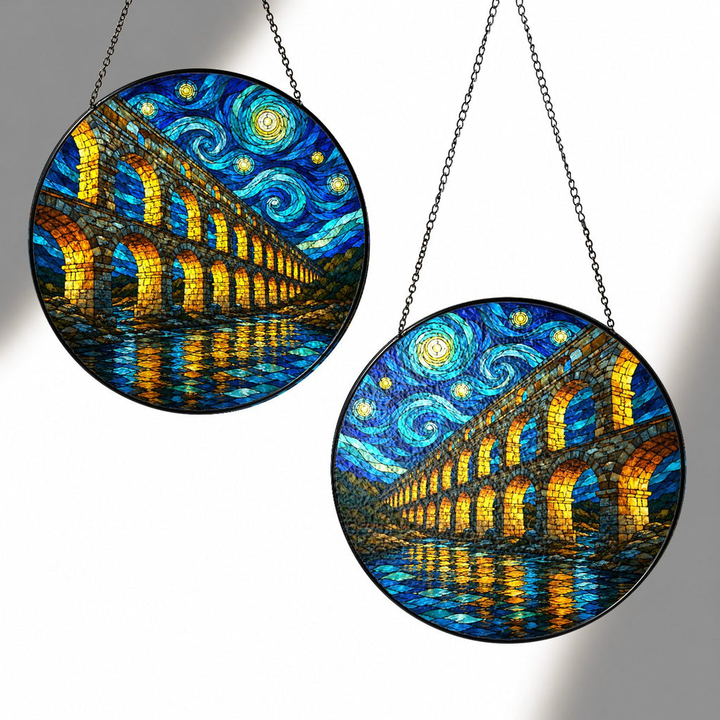 Two sizes of the aqueduct suncatcher side by side