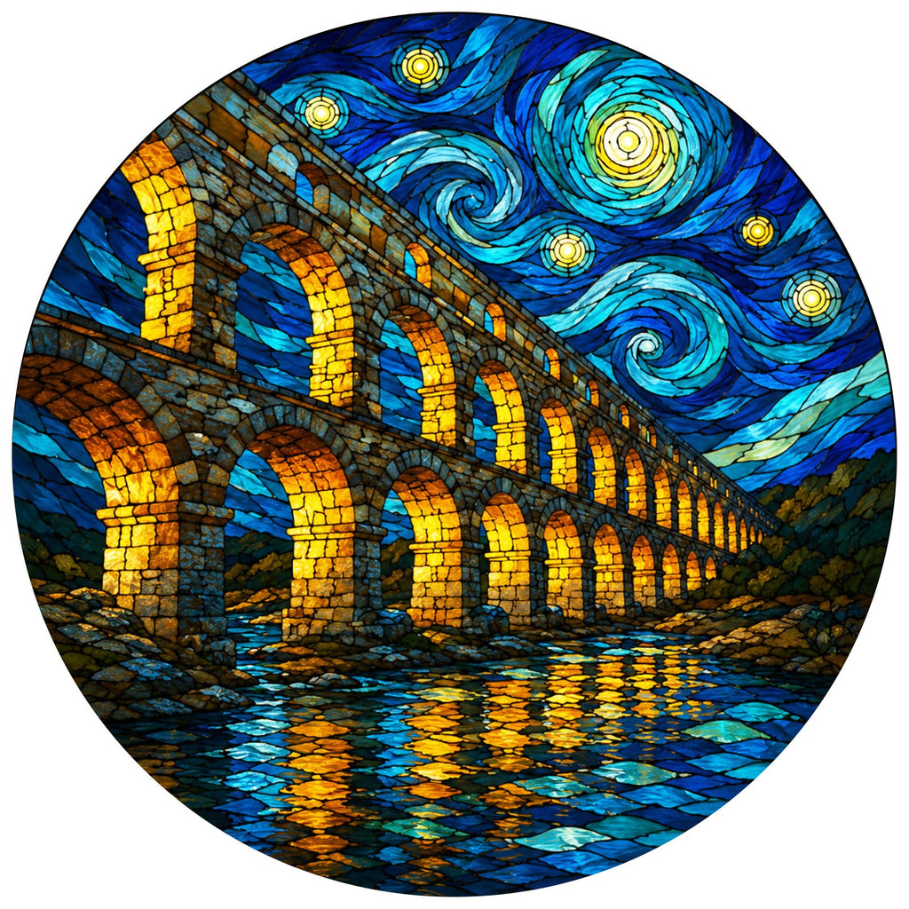 Full artwork of a stone aqueduct bridge under a starry sky