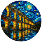Full artwork of a stone aqueduct bridge under a starry sky