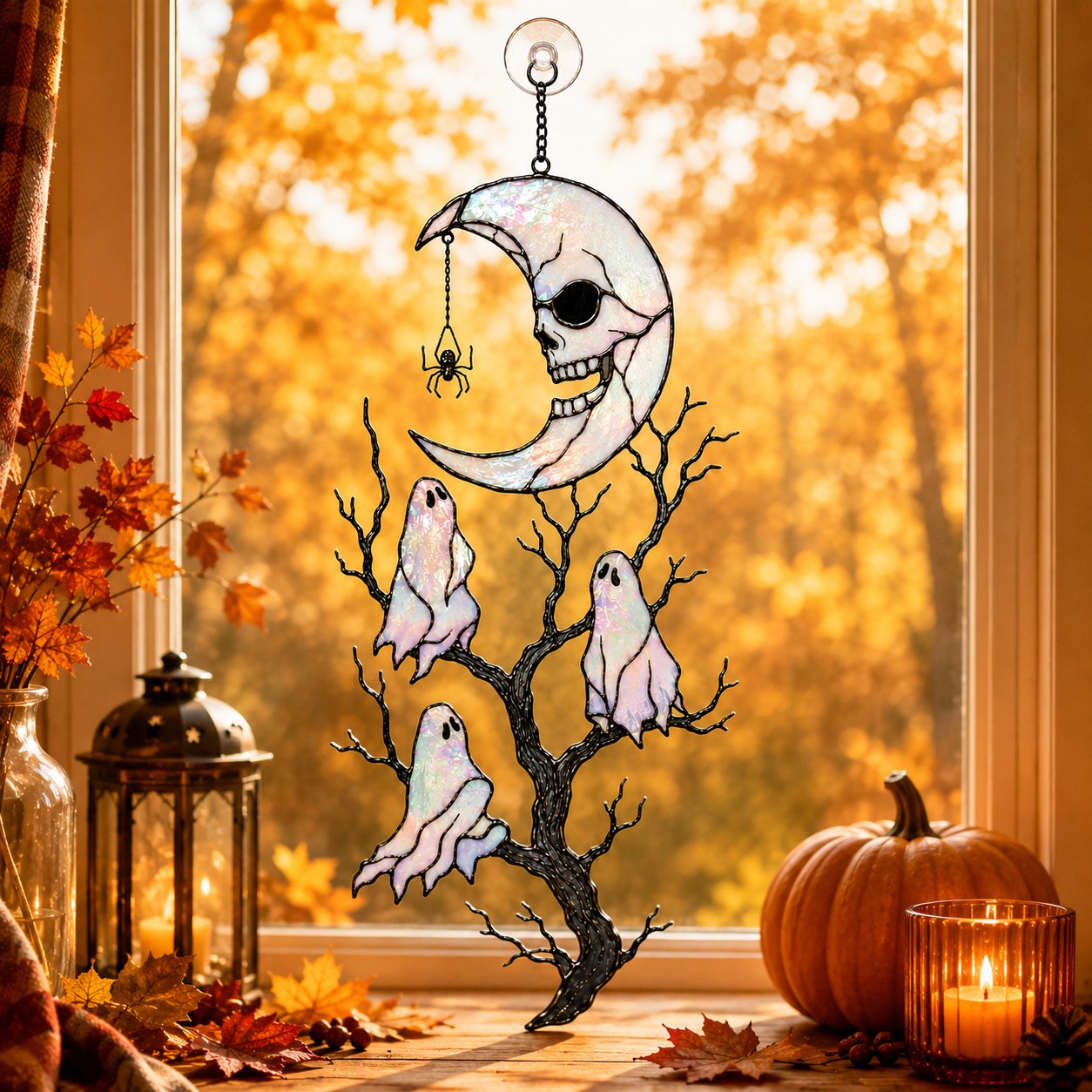 Skull Moon & Ghost Tree Holographic Acrylic Suncatcher