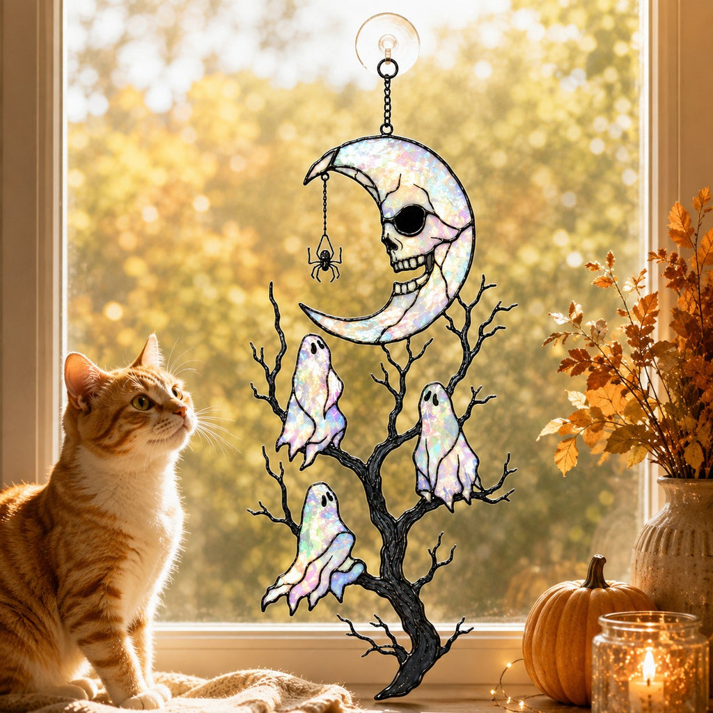 Skull Moon & Ghost Tree Holographic Acrylic Suncatcher