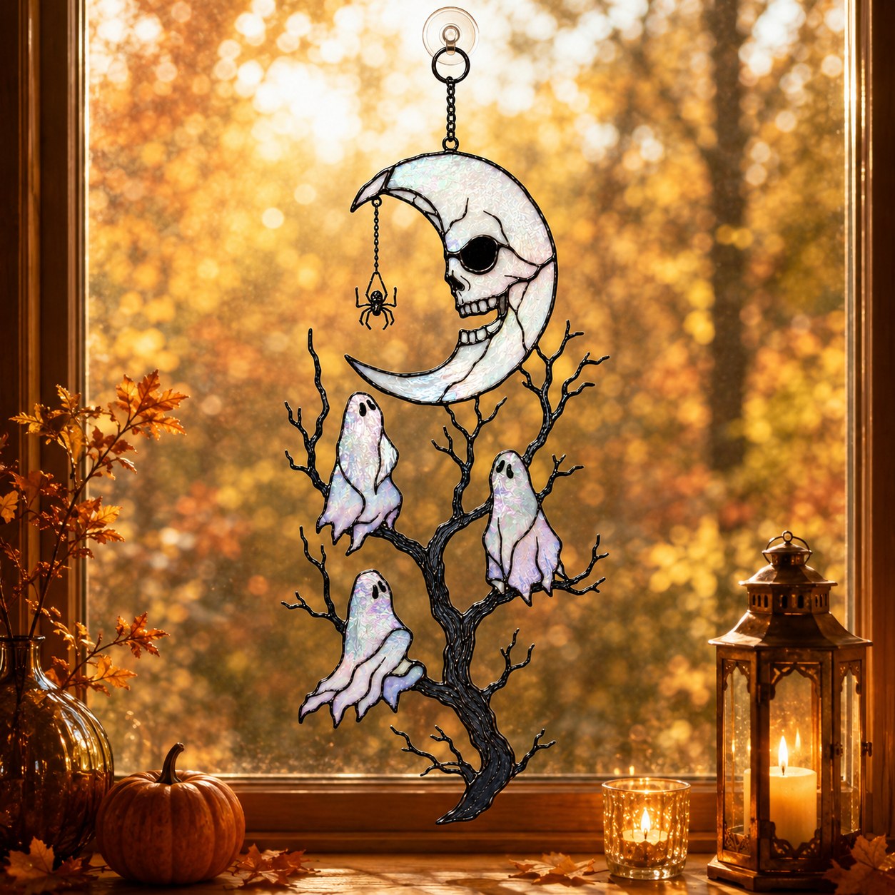 Skull Moon & Ghost Tree Holographic Acrylic Suncatcher
