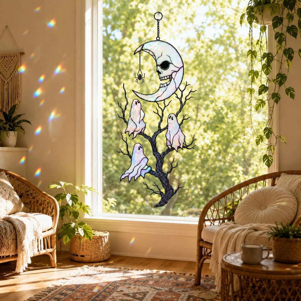 Skull Moon & Ghost Tree Holographic Acrylic Suncatcher