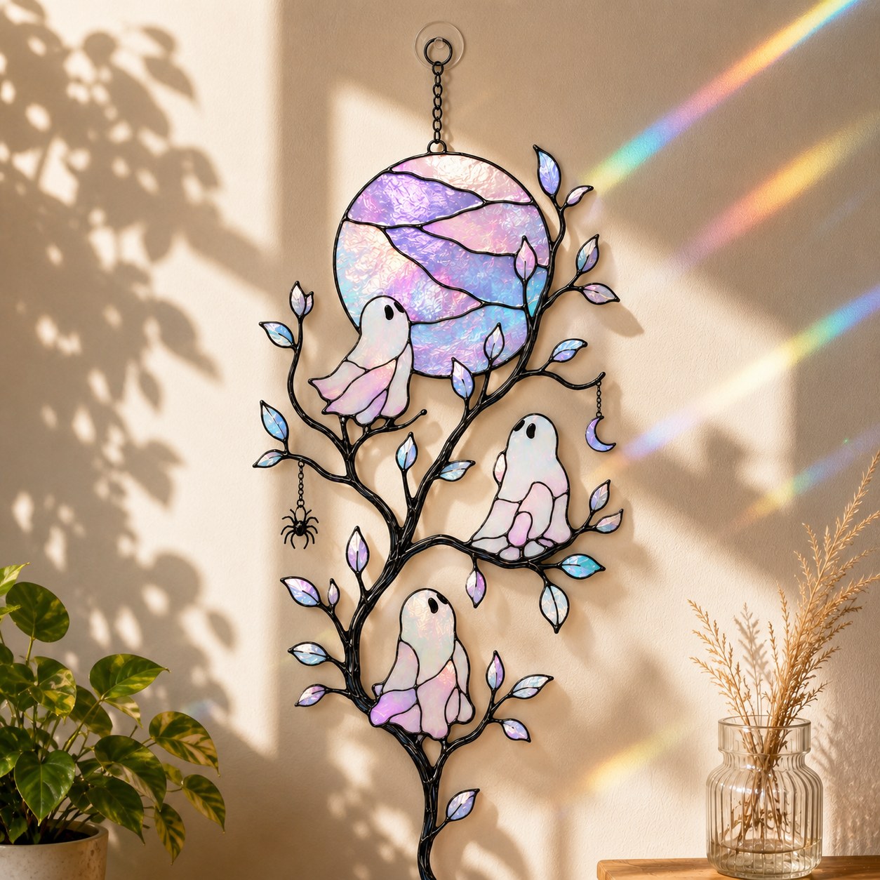 Pastel Moon & Ghost Branch Holographic Acrylic Suncatcher