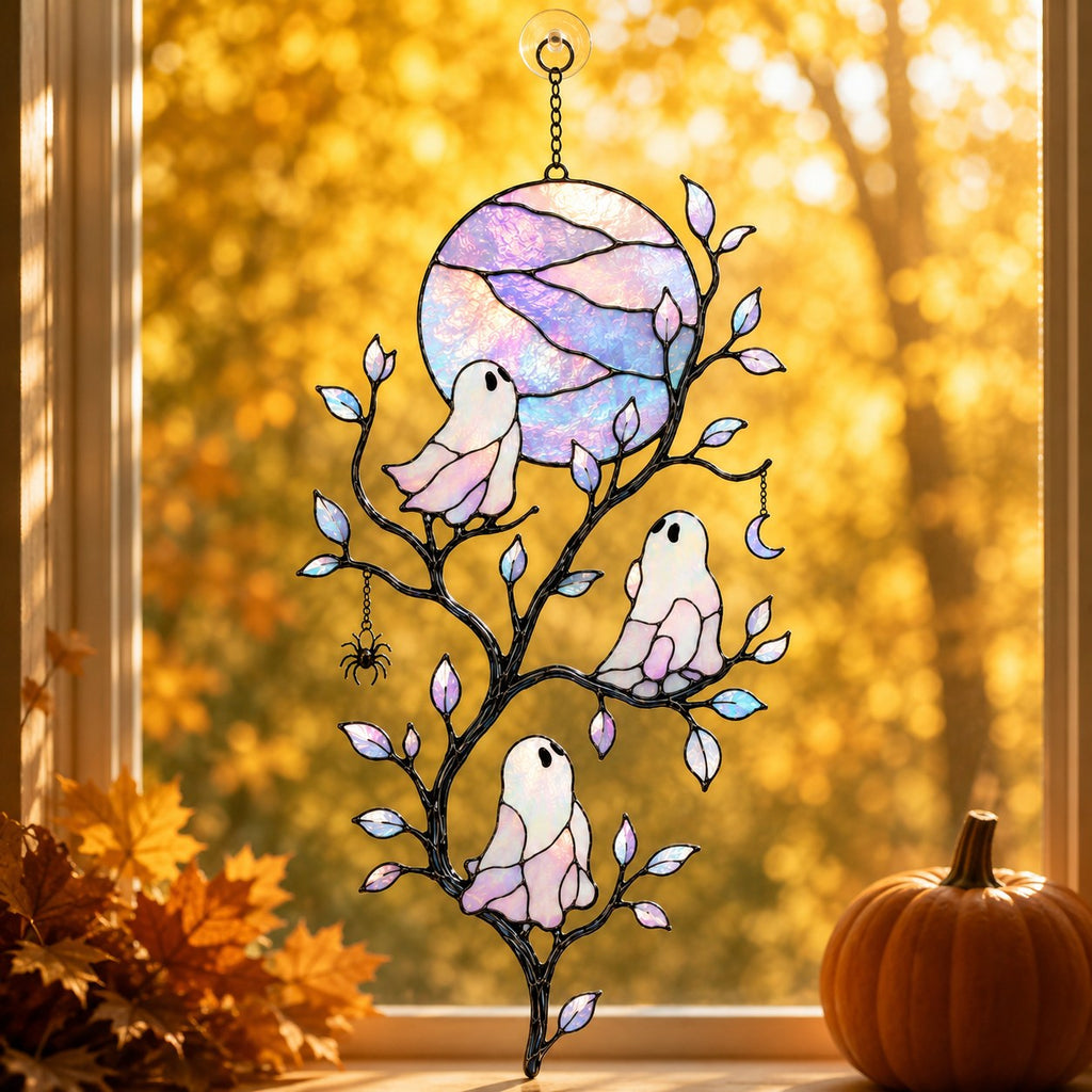Pastel Moon & Ghost Branch Holographic Acrylic Suncatcher