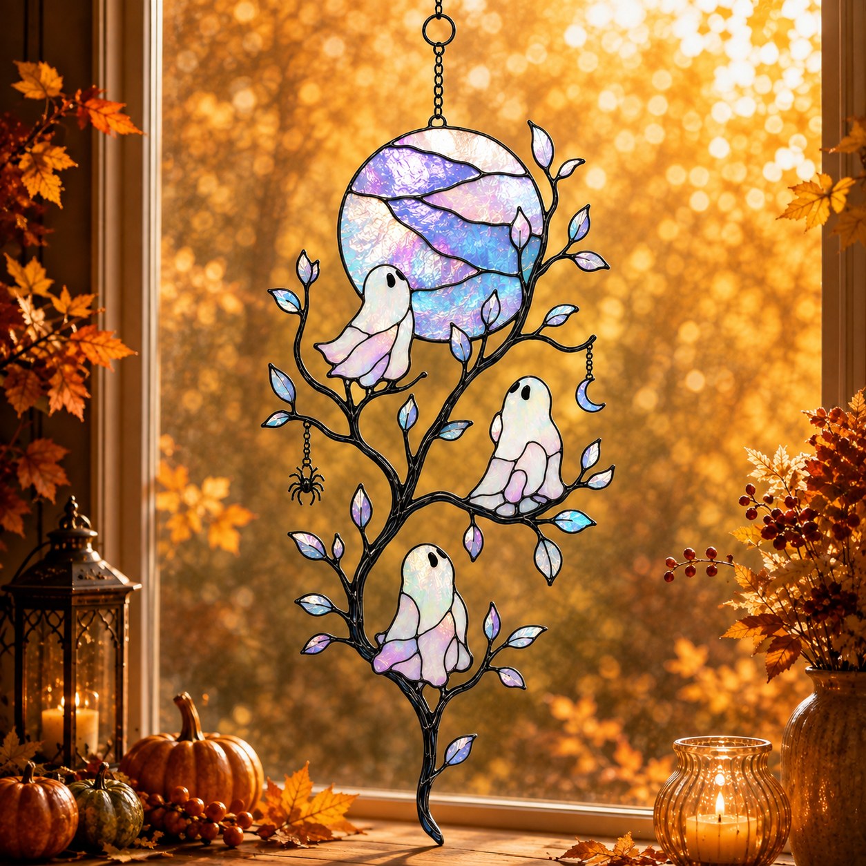 Pastel Moon & Ghost Branch Holographic Acrylic Suncatcher