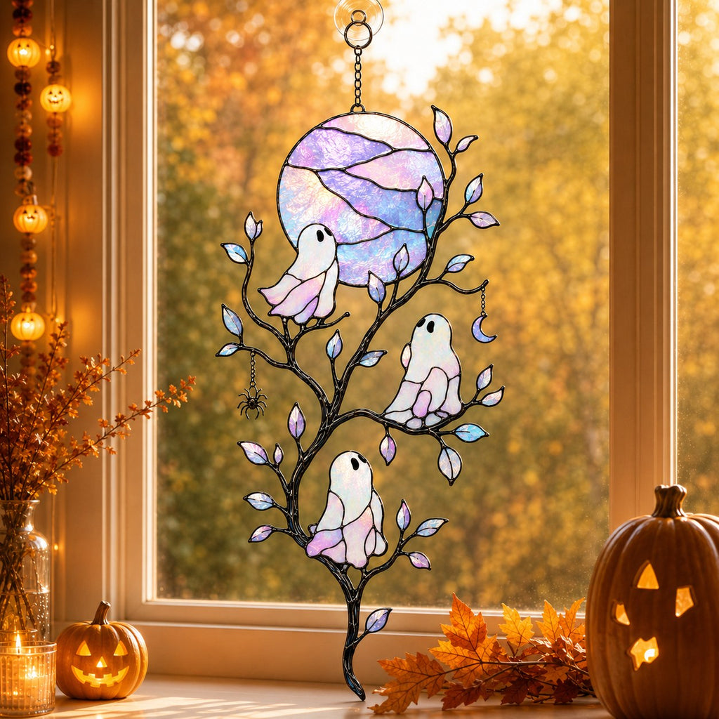 Pastel Moon & Ghost Branch Holographic Acrylic Suncatcher