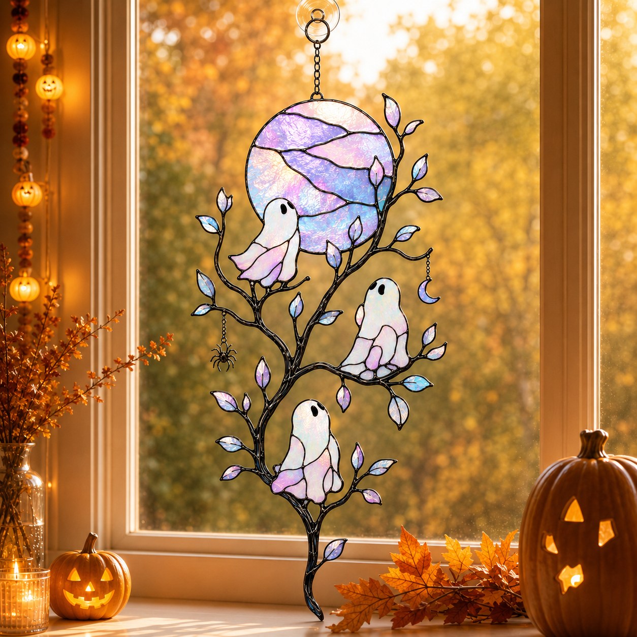 Pastel Moon & Ghost Branch Holographic Acrylic Suncatcher