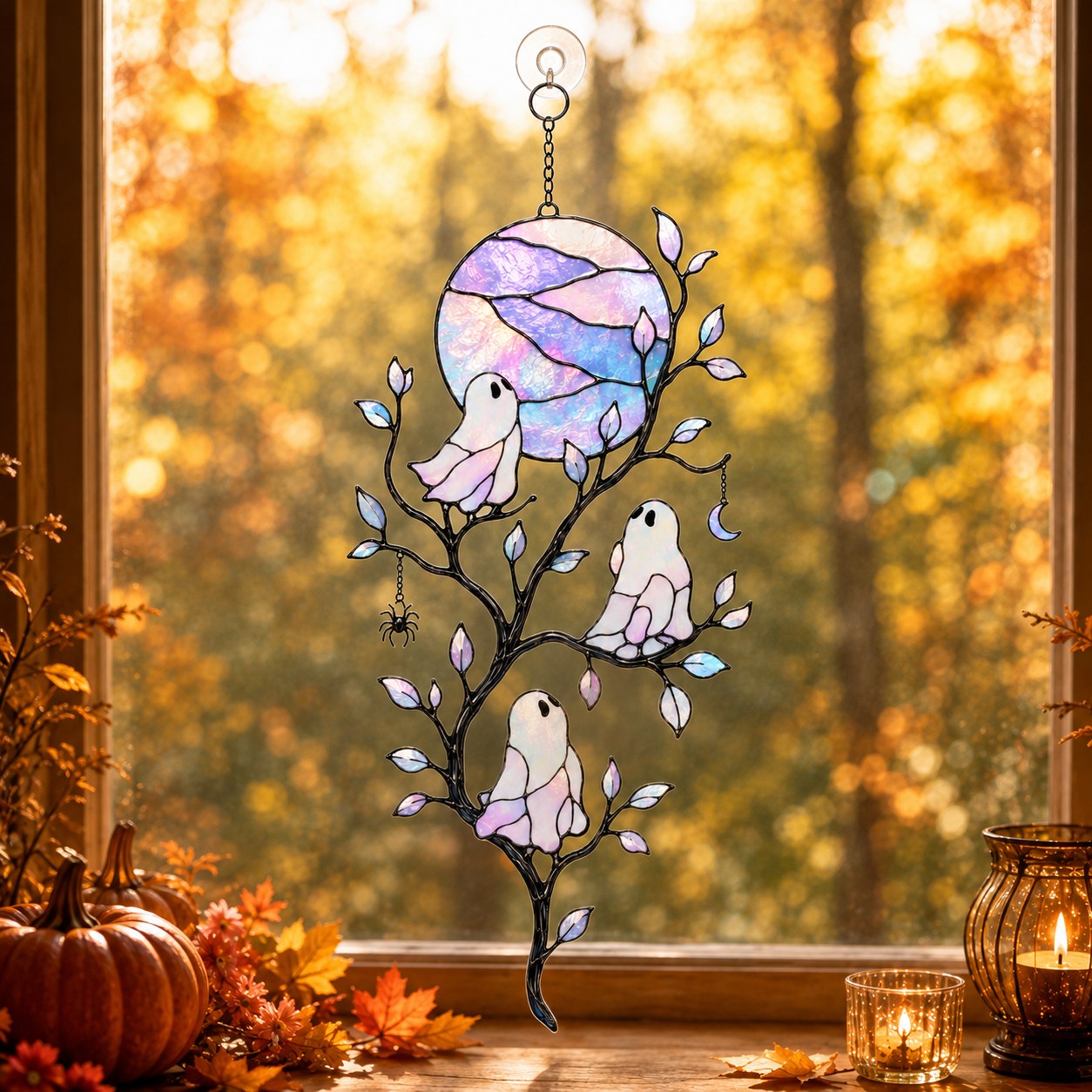 Pastel Moon & Ghost Branch Holographic Acrylic Suncatcher