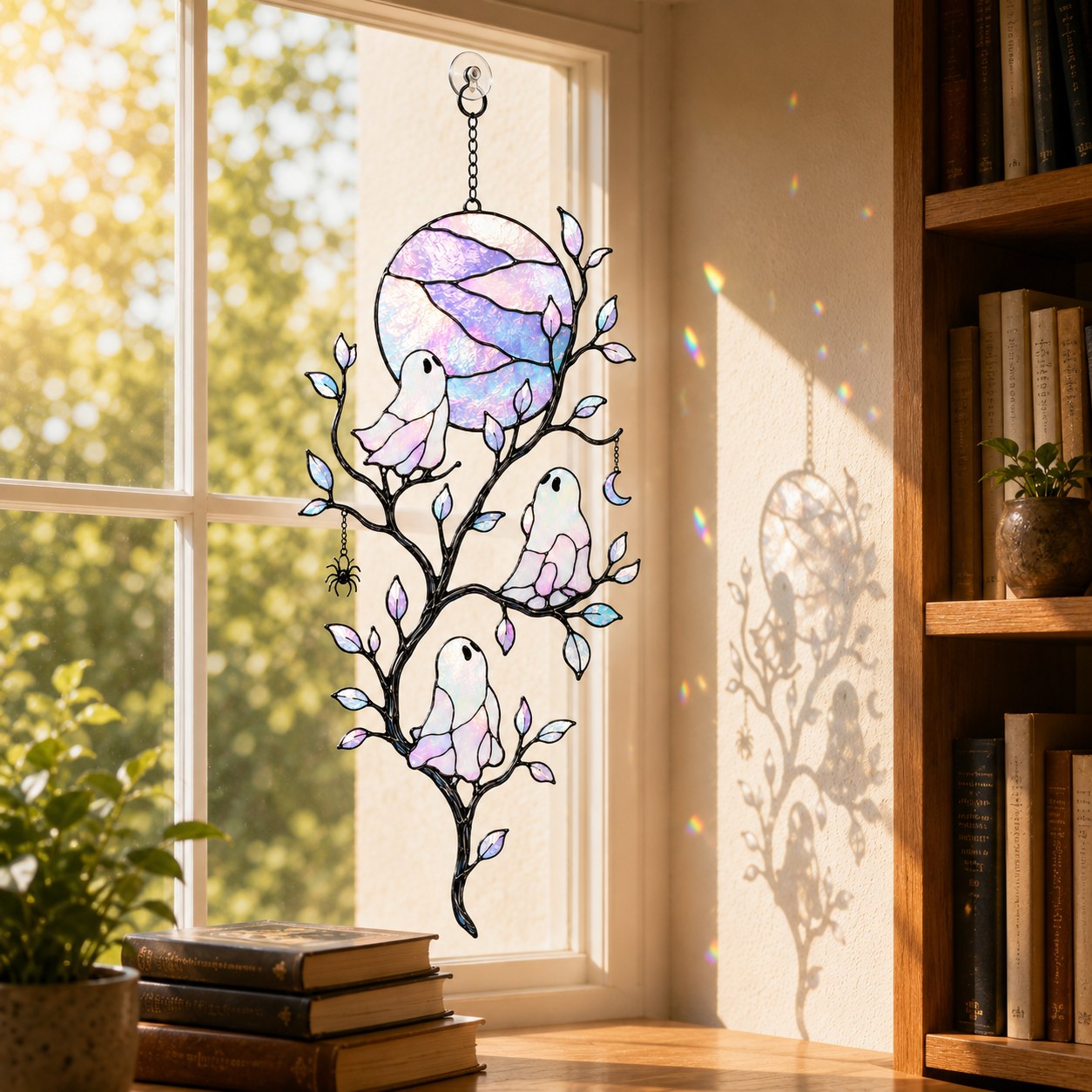 Pastel Moon & Ghost Branch Holographic Acrylic Suncatcher