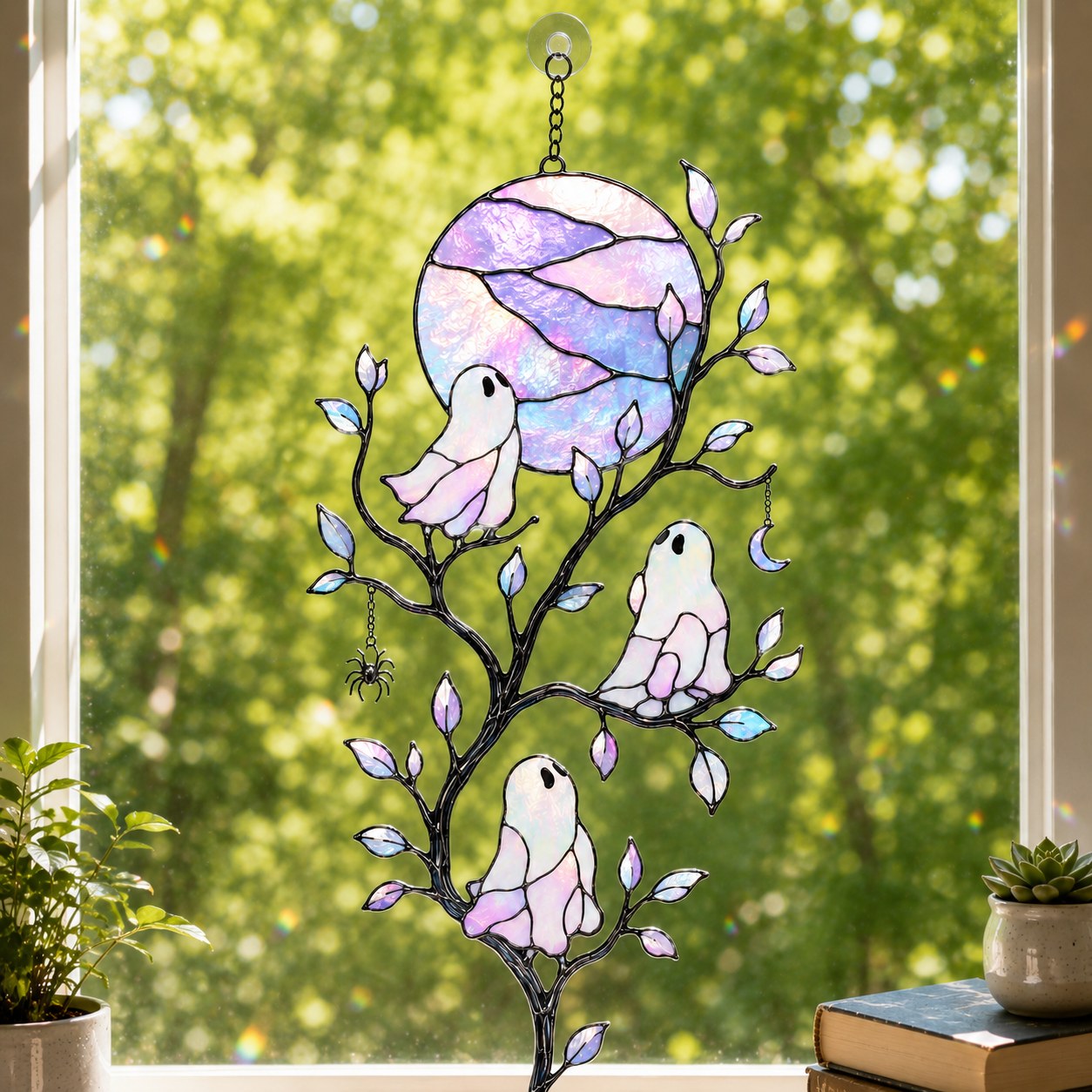 Pastel Moon & Ghost Branch Holographic Acrylic Suncatcher