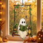 Ghost Reading on a Swing with Spider Web Holographic Acrylic Suncatcher