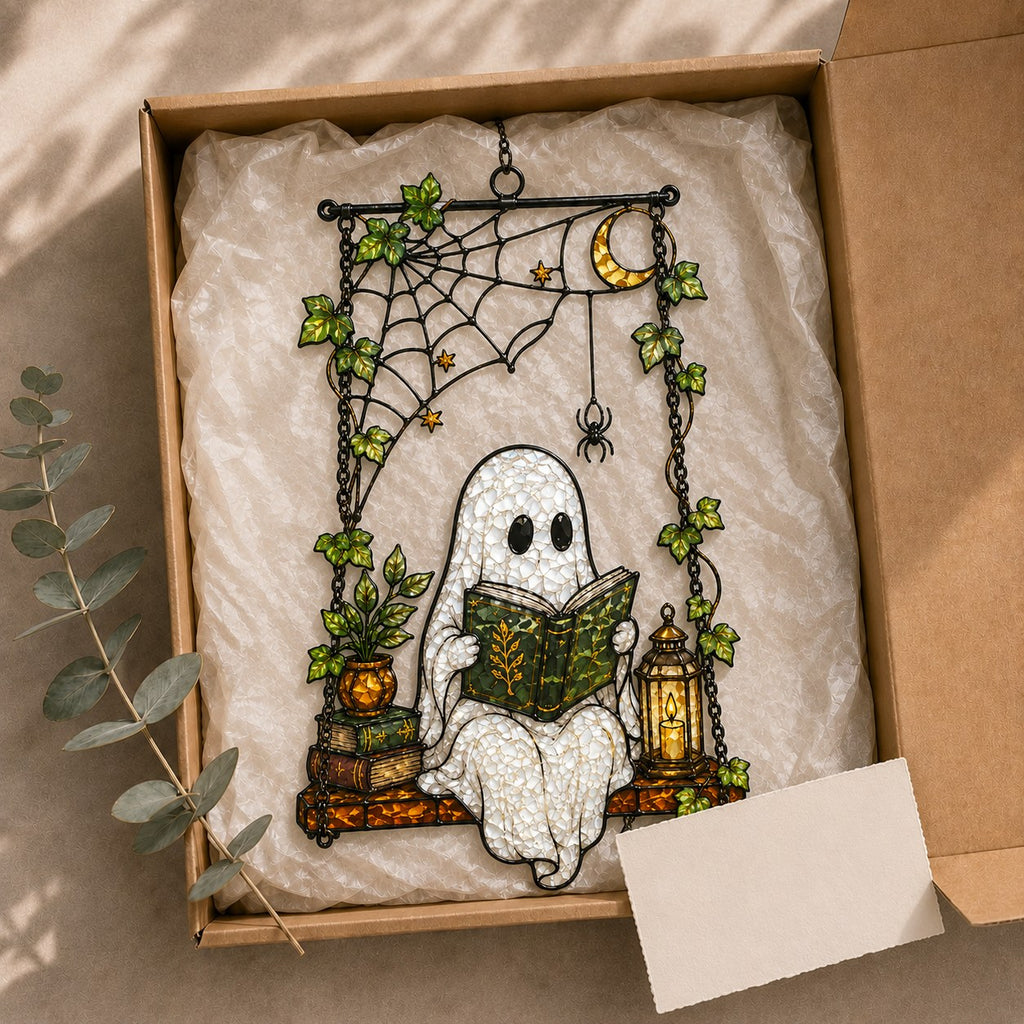 Ghost Reading on a Swing with Spider Web Holographic Acrylic Suncatcher