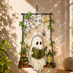Ghost Reading on a Swing with Spider Web Holographic Acrylic Suncatcher