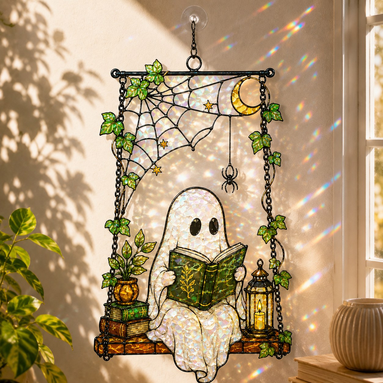 Ghost Reading on a Swing with Spider Web Holographic Acrylic Suncatcher