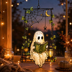 Ghost Reading on a Swing with Spider Web Holographic Acrylic Suncatcher