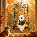 Ghost Reading on a Swing with Spider Web Holographic Acrylic Suncatcher