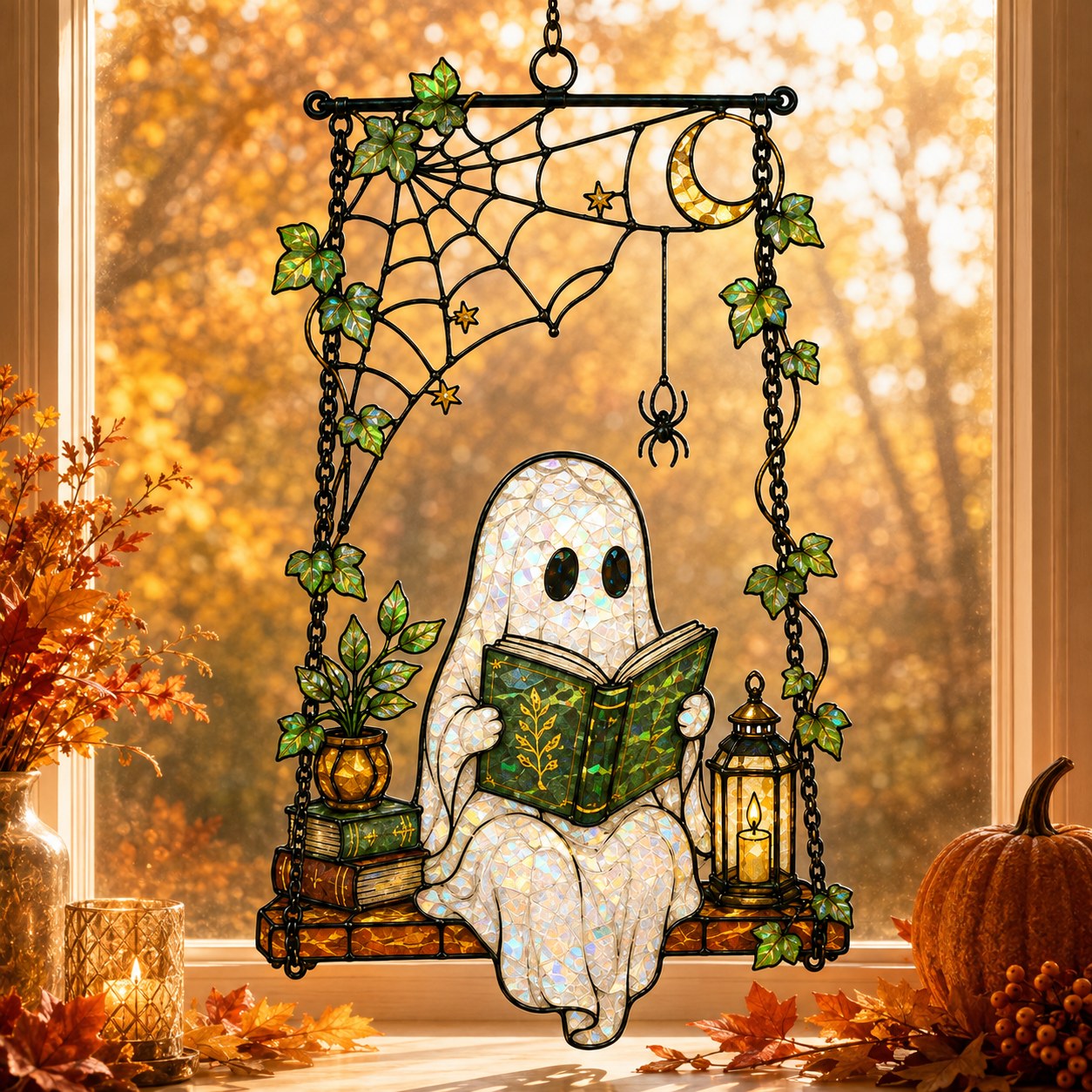 Ghost Reading on a Swing with Spider Web Holographic Acrylic Suncatcher