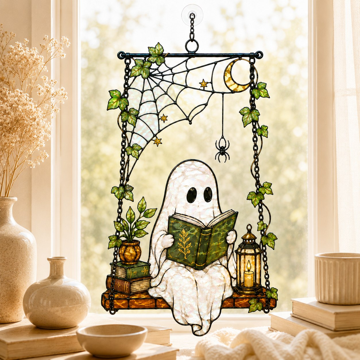 Ghost Reading on a Swing with Spider Web Holographic Acrylic Suncatcher