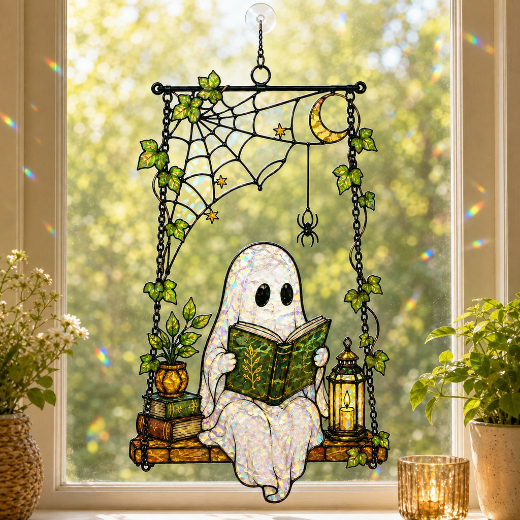 Ghost Reading on a Swing with Spider Web Holographic Acrylic Suncatcher