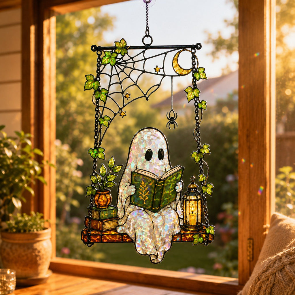 Ghost Reading on a Swing with Spider Web Holographic Acrylic Suncatcher