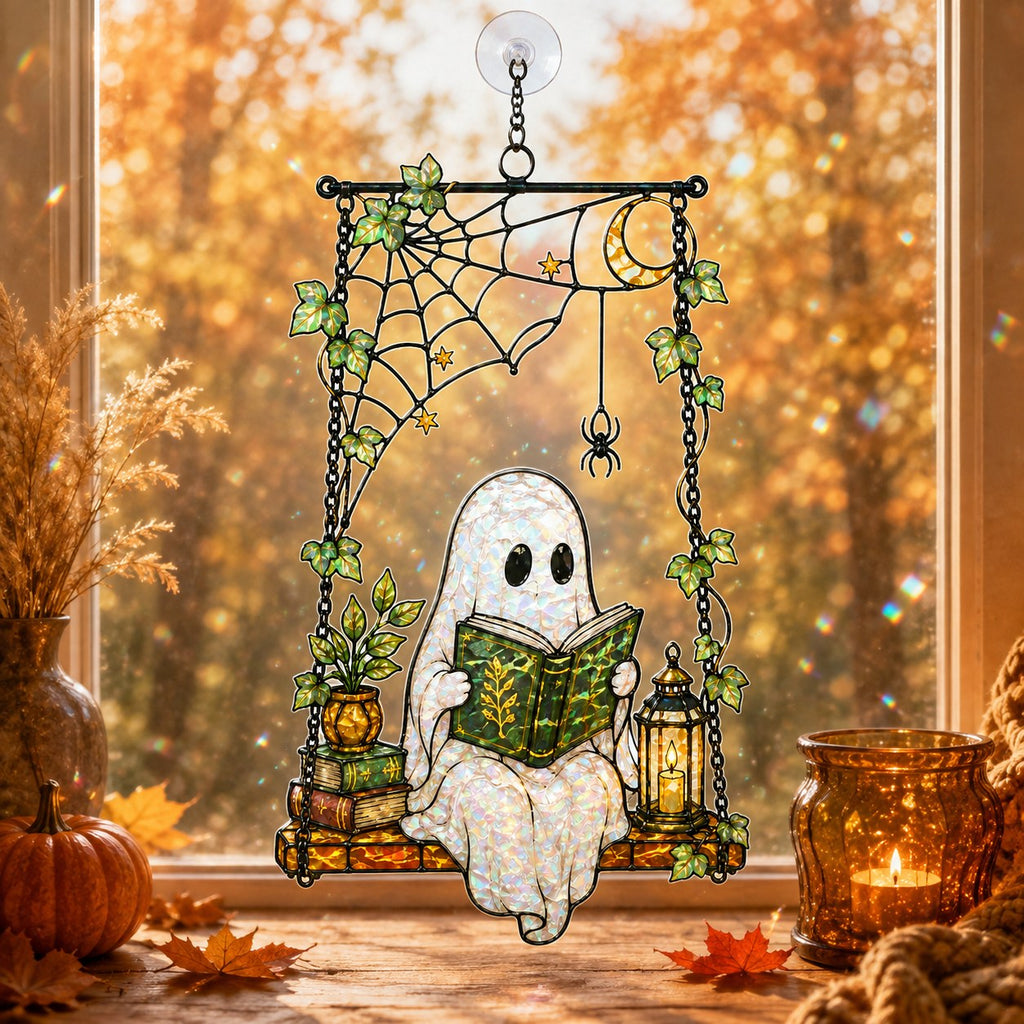 Ghost Reading on a Swing with Spider Web Holographic Acrylic Suncatcher