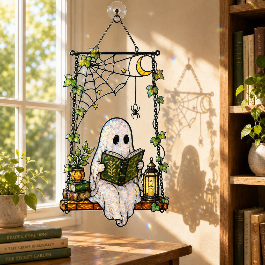 Ghost Reading on a Swing with Spider Web Holographic Acrylic Suncatcher