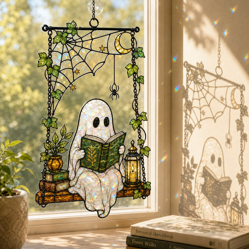 Ghost Reading on a Swing with Spider Web Holographic Acrylic Suncatcher