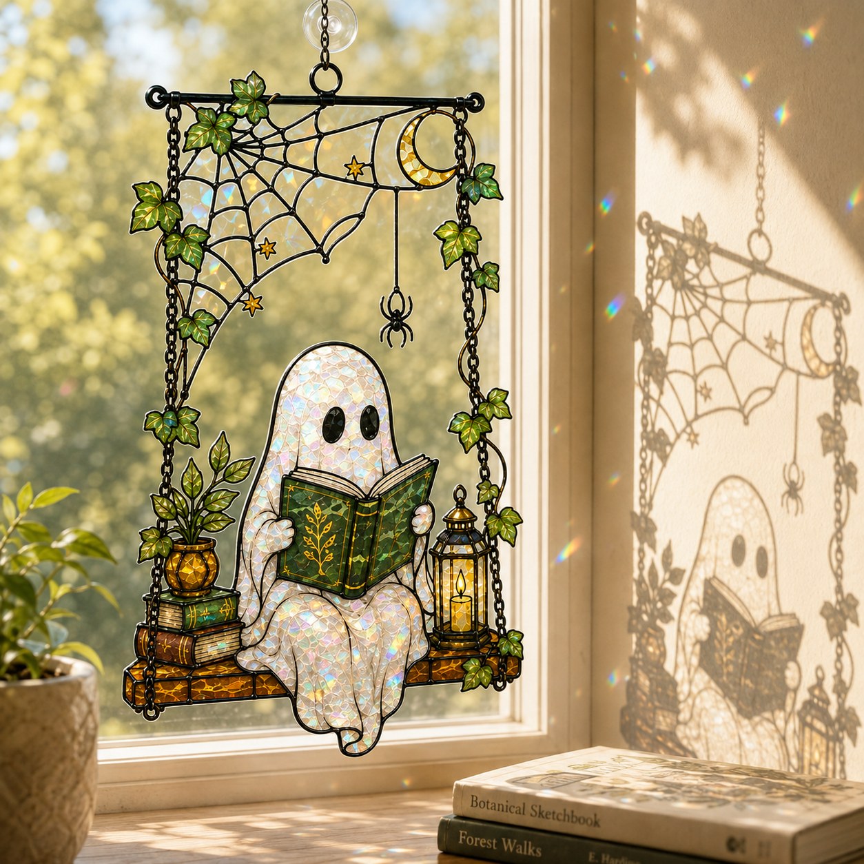 Ghost Reading on a Swing with Spider Web Holographic Acrylic Suncatcher