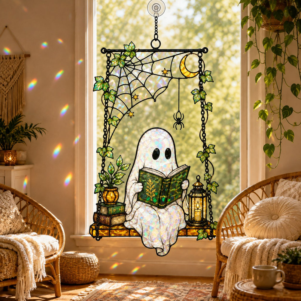 Ghost Reading on a Swing with Spider Web Holographic Acrylic Suncatcher