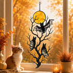 Three Bats on a Bare Tree Under a Harvest Moon Holographic Acrylic Suncatcher