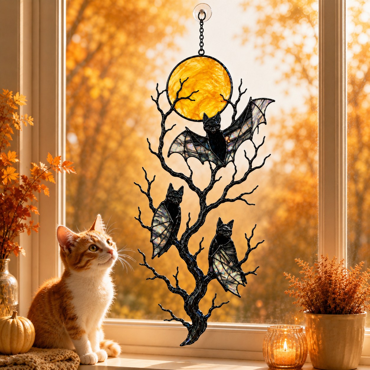 Three Bats on a Bare Tree Under a Harvest Moon Holographic Acrylic Suncatcher