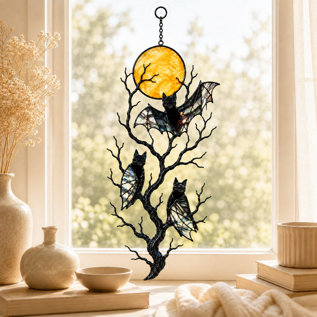 Three Bats on a Bare Tree Under a Harvest Moon Holographic Acrylic Suncatcher