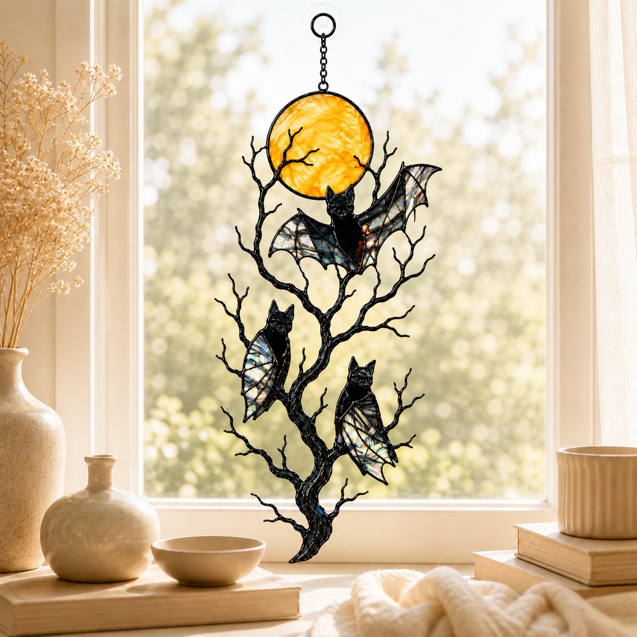 Three Bats on a Bare Tree Under a Harvest Moon Holographic Acrylic Suncatcher