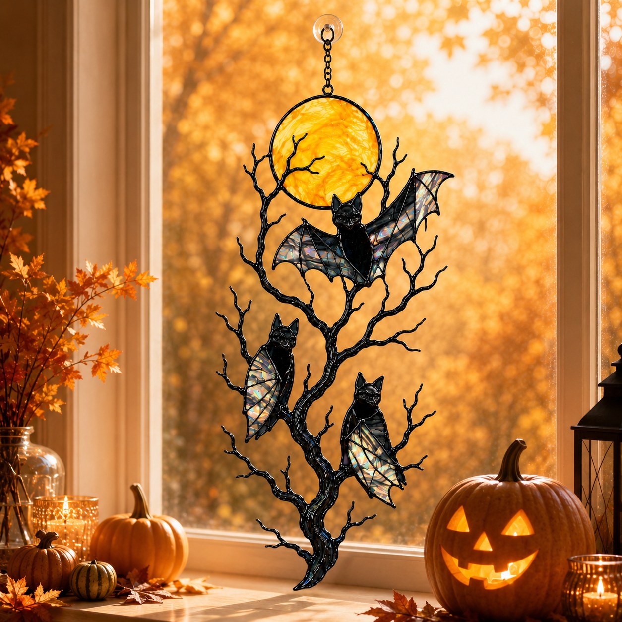 Three Bats on a Bare Tree Under a Harvest Moon Holographic Acrylic Suncatcher