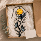 Three Bats on a Bare Tree Under a Harvest Moon Holographic Acrylic Suncatcher