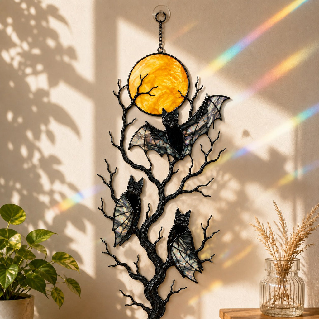 Three Bats on a Bare Tree Under a Harvest Moon Holographic Acrylic Suncatcher