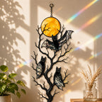Three Bats on a Bare Tree Under a Harvest Moon Holographic Acrylic Suncatcher