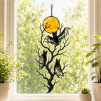 Three Bats on a Bare Tree Under a Harvest Moon Holographic Acrylic Suncatcher