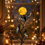 Three Bats on a Bare Tree Under a Harvest Moon Holographic Acrylic Suncatcher