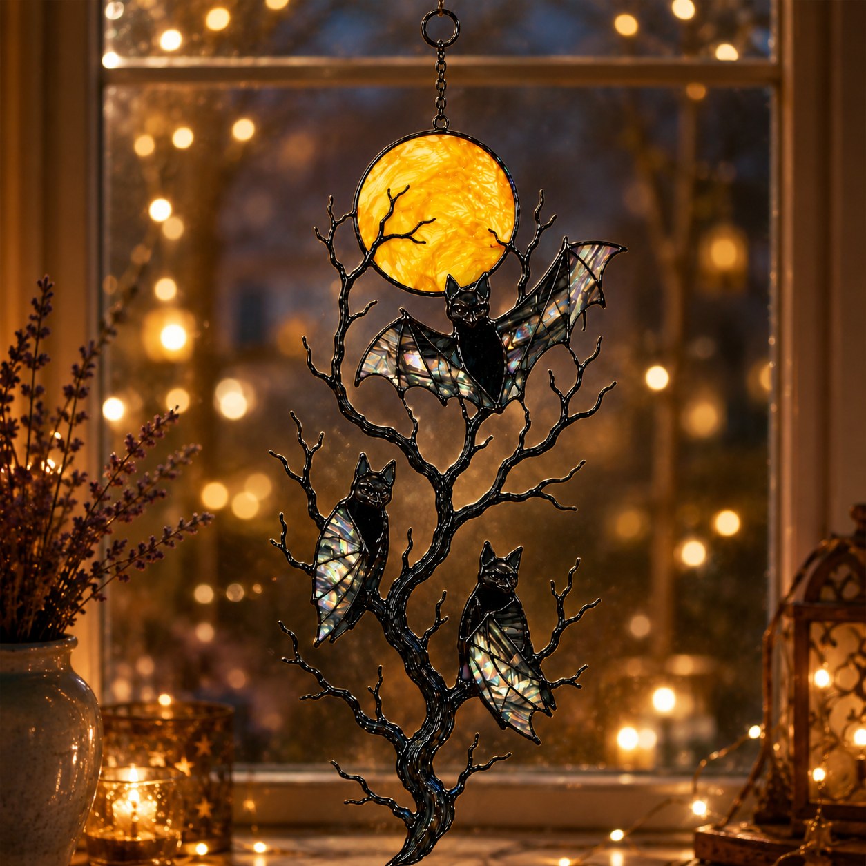 Three Bats on a Bare Tree Under a Harvest Moon Holographic Acrylic Suncatcher