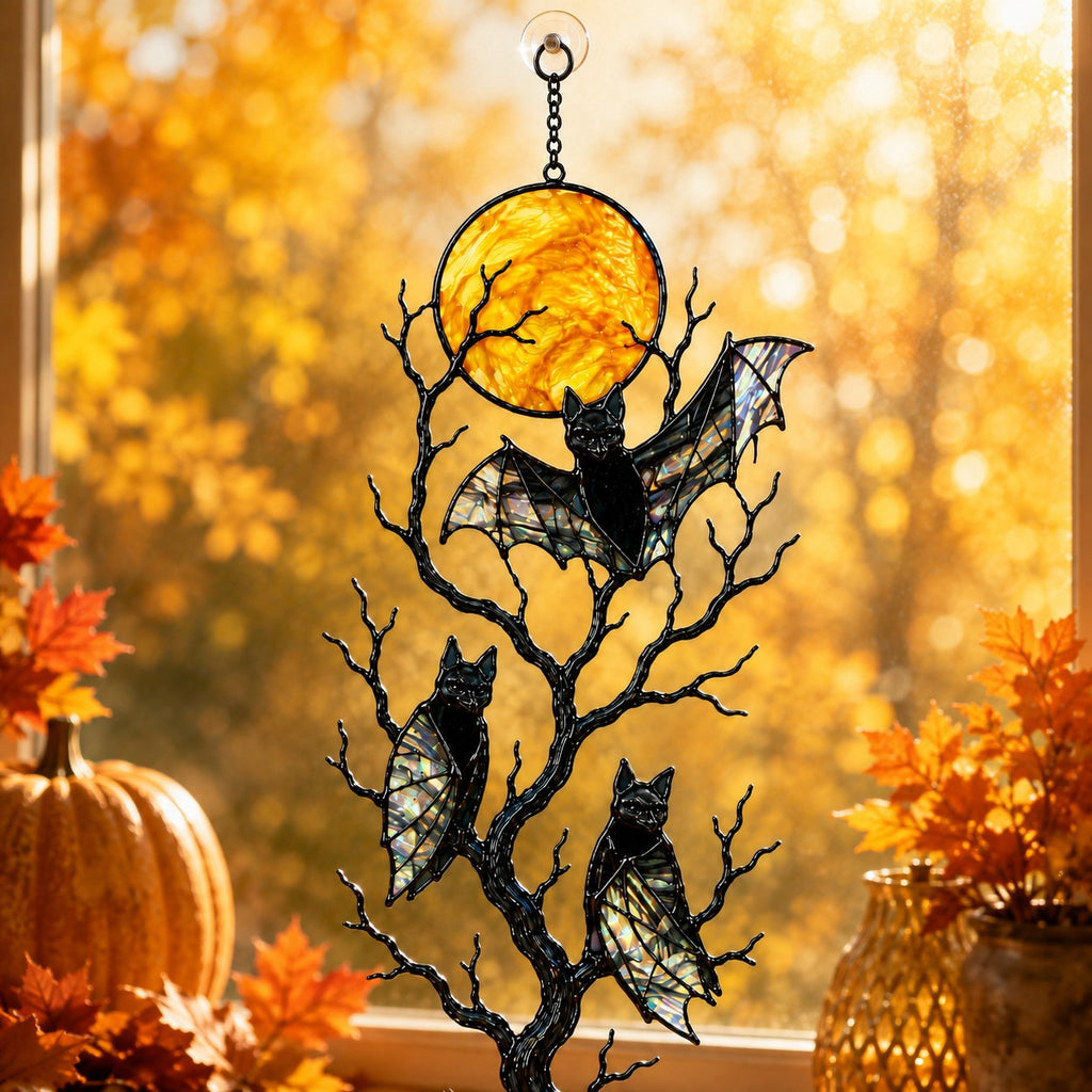 Three Bats on a Bare Tree Under a Harvest Moon Holographic Acrylic Suncatcher