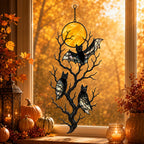 Three Bats on a Bare Tree Under a Harvest Moon Holographic Acrylic Suncatcher