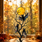Three Bats on a Bare Tree Under a Harvest Moon Holographic Acrylic Suncatcher